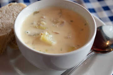 Traditional scottish white cream soup, cullen skink made with smoked paddock fish, Scotland