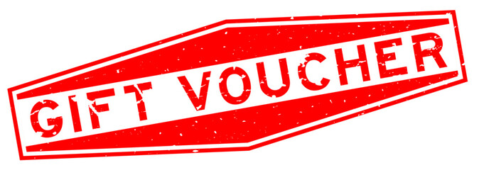 Grunge red gift voucher word hexagon rubber seal stamp on white background