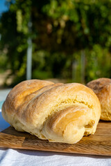 Artisan homemade bread with olives baked in small mountain village on Cyprus