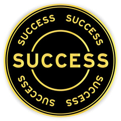 Black and gold color round label sticker with word success on white background