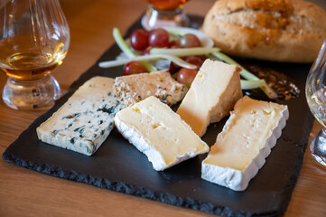 Pairing of scotch whisky and farmers scottish cheeses cheddar, stilton, blue cheese, brie, tasting of whiskey and cheese in Edinburgh, UK