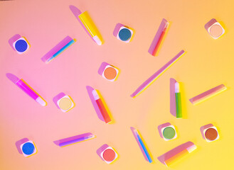 Colorful school supplies. Flat lay.