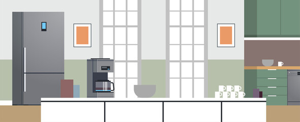 Modern kitchen interior no people and home appliances concept flat design illustration.	

