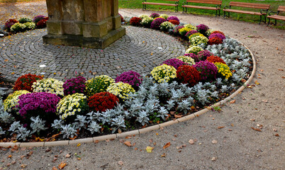 landscaped park with a monument surrounded by a spectacular flower bed. colorful autumn asters....