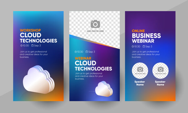 Business webinar banner template for social media story banner. Background and cloud technologies concept 3d illustration for social media banner post design in vector. 