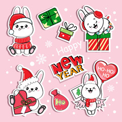 Merry Christmas and Happy New Year stickers set with cute Little bunny in kawaii style. Vector illustration. Chinese symbol 2023