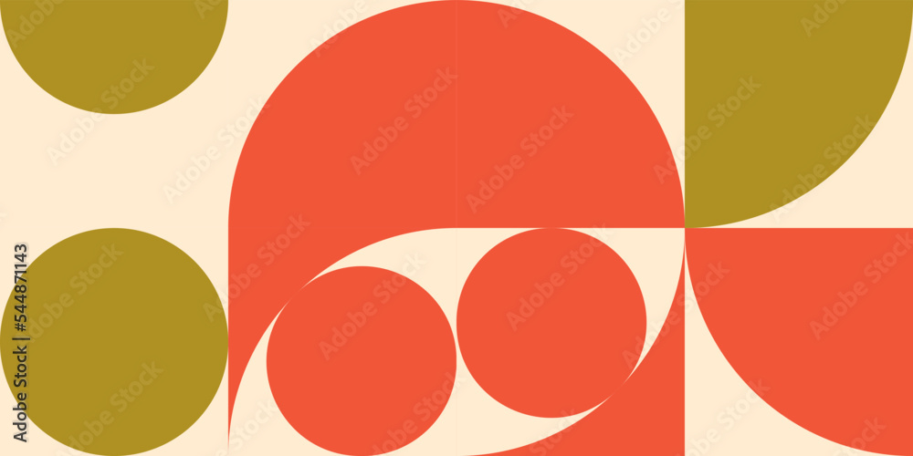 Poster Modern vector abstract  geometric background with circles, rectangles and squares  in retro Scandinavian style. Pastel colored simple shapes graphic pattern.