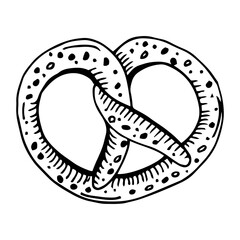 Vector tasty pretzel illustration.Brezel sketch drawing, engraving, ink, line art.German food.Can be used for menu, cafe, restaurant, poster, banner, emblem, sticker, placard and other design.