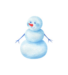 Cute snowman with a carrot in his nose. Children's illustration in watercolor technique. Winter character made of snow. Stock clipart isolated on a white background
