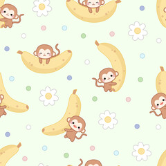 Obraz premium Seamless pattern of monkeys with bananas, flowers and colorful dots on a green background.