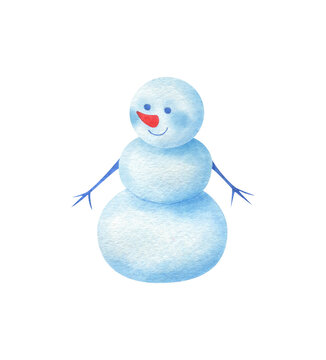 Cute snowman with a carrot in his nose. Children's illustration in watercolor technique. Winter character made of snow. Stock clipart isolated on a white background