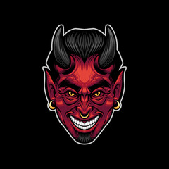 illustration of red devil head smiling, look evil and angry