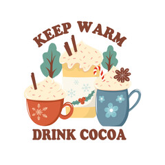 Mug sticker keep warm drinking cocoa. Vector drawing on a white isolated background. Illustration in flat, cartoon style.
