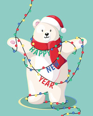 Happy New Year and Merry Christmas. Christmas white bear with New Year. Illustration with
christmas lights. Christmas card. Vector.