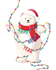 Happy New Year and Merry Christmas. Christmas white bear with New Year. Illustration with
christmas lights. Christmas card. Vector.