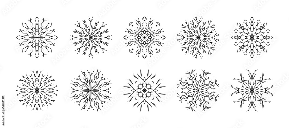 Wall mural set outline snowflakes for winter design. collection line art snowflakes isolated on white backgroun