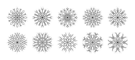 Set outline snowflakes for winter design. Collection line art snowflakes isolated on white background. Snow flake line icons winter vector illustration. Design element for new year, christmas cards.