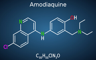Amodiaquine, ADQ molecule. It is aminoquinoline, used for the therapy of malaria. Structural chemical formula on the dark blue background.