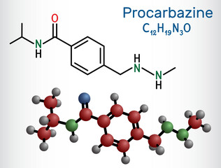 Procarbazine chemotherapy medication molecule. It is used in therapy of Hodgkin's lymphoma, malignant melanoma. Structural chemical formula, molecule model.