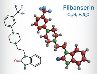 Flibanserin molecule. It is serotonergic antidepressant used to treat hypoactive sexual desire disorder. Structural chemical formula, molecule model.