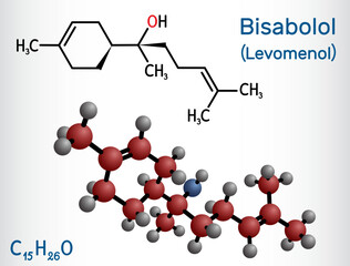 Bisabolol, alpha-Bisabolol, levomenol molecule. It is natural monocyclic sesquiterpene alcohol, used in various fragrances. Structural chemical formula, molecule model.