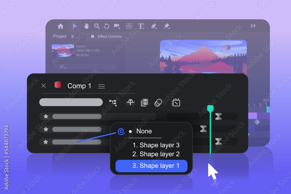 Poster new dropdown menu in motion design software. new features. transparency setting track matte. vector 