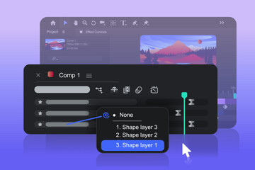 New dropdown menu in motion design software. New features. Transparency setting track matte. Vector illustration.