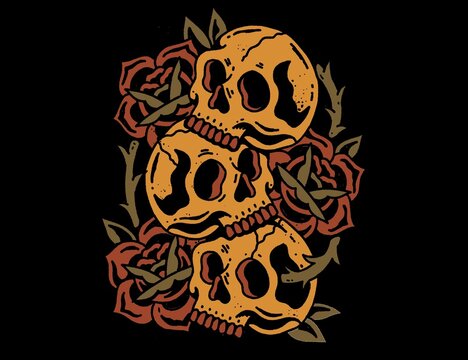 Old school traditional tattoo inspired cool graphic design illustration skulls and roses for merchandise t shirts stickers wallpapers label logos decoration 