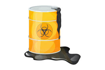 Metal barrel toxic, dangerous sign with liquid around, waste, pollution in cartoon style isolated on white background. Radioactive, flammable material.