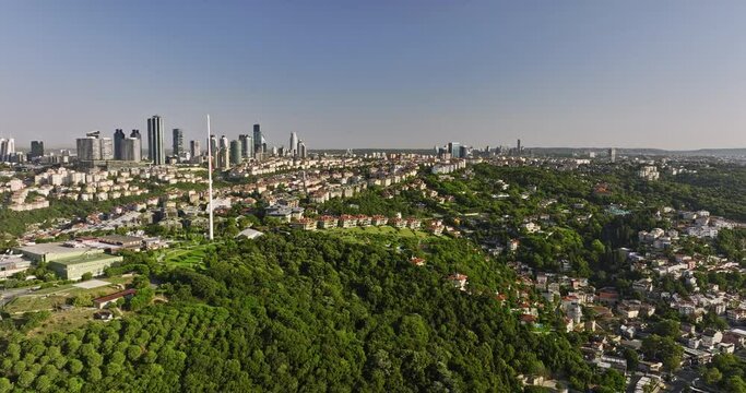 Istanbul Turkey Aerial v52 flyover kuru&ccedil;eşme neighborhood capturing halide hanim grove and downtown cityscape, panning reveals bosphorus strait in the morning - Shot with Mavic 3 Cine - July 2022
