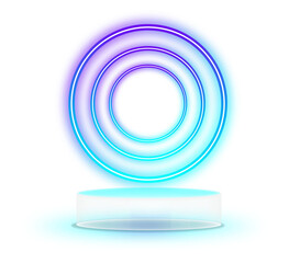 Blue purple neon light product background stage or podium pedestal on grunge street floor with glow spotlight and blank display platform. 3D rendering.