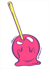 Apple in caramel on a stick. Vector illustration in cartoon style. Children's illustration for clothes. Bright design element.
