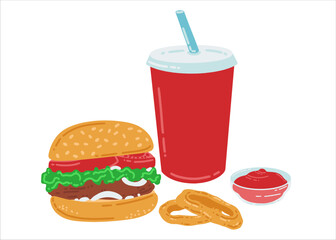 Fast food set. Hamburger, fried onion rings, sauce and drink in a paper cup. American street food in flat style. Vector illustration of a fast food cafe.
