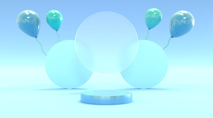 blue platform and balloon with glass background 3d illustration render for flyer display products design background advertising and etc