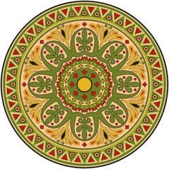 Vector colored green round classical ornament of Ancient Greece and Roman Empire. Circle, Arabesque, Byzantine pattern..