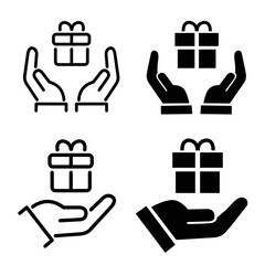 Gift in hand icons set. Hands holding gift box with ribbon icon. Surprise icon. New year, birthday and Christmas. Gift box with ribbon flat and line style - stock vector. 