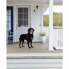 Dog on a wooden porch in front of the door, glass windows, white balance digitally altered