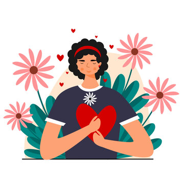 Flat ilustration character of portrait girl hug heart. Self love, love yourself, self care ilustration. 