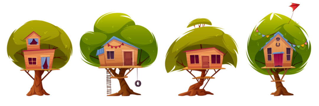 Tree Houses Or Huts Isolated Set On White Background. Wooden Constructions With Ladder And Tyre Swing For Kids Summer Time Recreation, Games And Activities, Forest Camp. Cartoon Vector Illustration