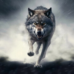 wolf running frontal in the camera in the river, hungry, dangerous, deadly, generative ai