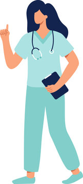 Vector medical icon doctor with folder points a finger consultation. Image Doctor with stethoscope. Illustration Medic people avatar in a flat style
