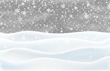 Christmas snow and snowdrifts isolated on png background. Snowflakes falling on the frozen hiils. Vector heavy snowfall. Snow flakes, snow and blizzard. Snow landscape decoration.