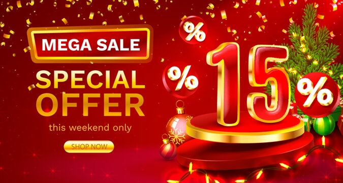 Merry Christmas, 15 percent Off. Discount creative composition. Sale banner and poster. Vector