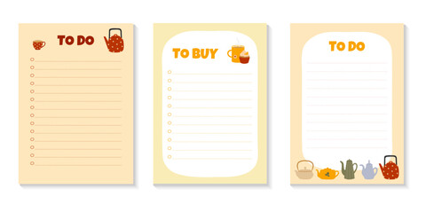Set of templates for To Do and To Buy Lists with colorful teapots and cups. 
