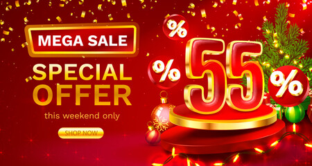 Merry Christmas, 55 percent Off. Discount creative composition. Sale banner and poster. Vector