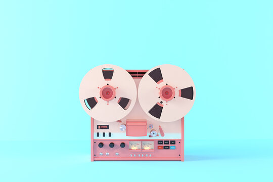 Old reel to reel tape recorder. Retro music minimal concept pink fashioned. Vintage pink magnetic audio tape reel-to-reel recorder on blue background. Pastel colors, cute retro 3d illustration set.