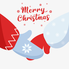 Christmas concept. Merry Christmas card. Christmas gloves. Holding hands. Vector graphics
