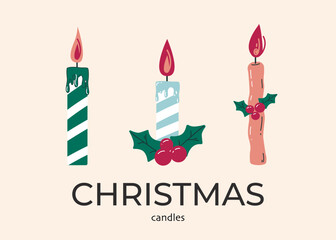 Set of isolated images of Christmas candles. Christmas decoration clipart