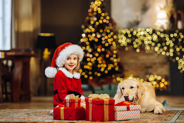 Little girl with a golden retriever dog near christmas tree and a gift boxes.