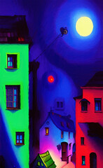 Colorful vintage old houses at night digital painting art